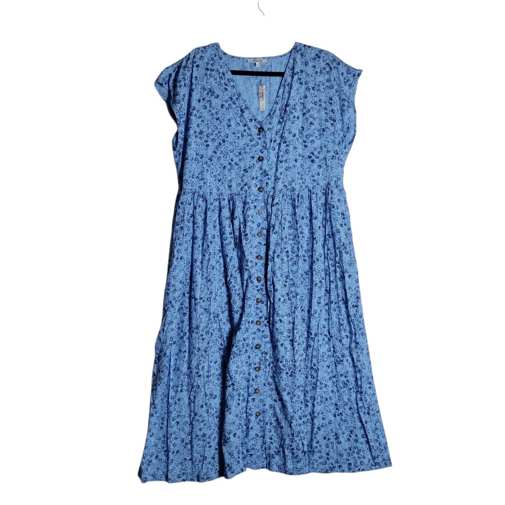 Madewell Blue Floral Button Front Midi Dress XL Viscose Cap Sleeve NP098